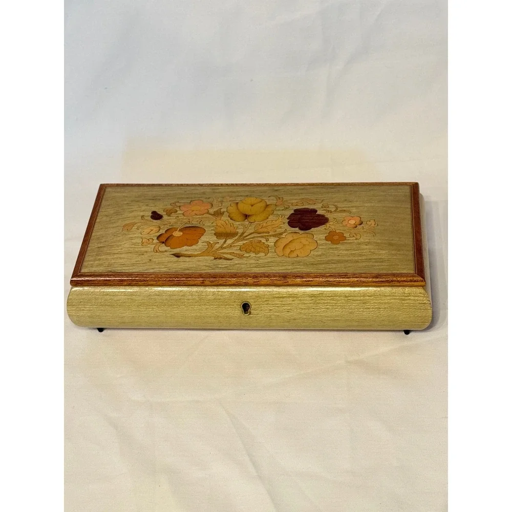Vintage Italian Inlaid Wood Music Box Jewelry Case Floral CottagecoreMCM